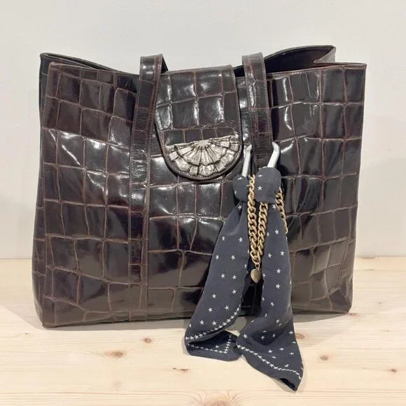 Vintage Neiman Marcus Dark Brown Crocodile-Embossed Leather Tote Bag - Picture 3 of 8